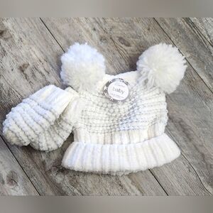 Asior Accessories Baby Girl Double PomPom Hat & Mitten Set- White/Silver